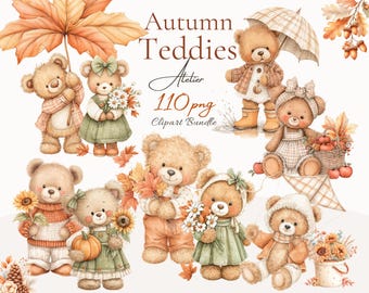 Paquete de imágenes prediseñadas de ositos de peluche otoñales, ositos de peluche otoñales en acuarela, animales acogedores, 110 PNG, uso comercial.
