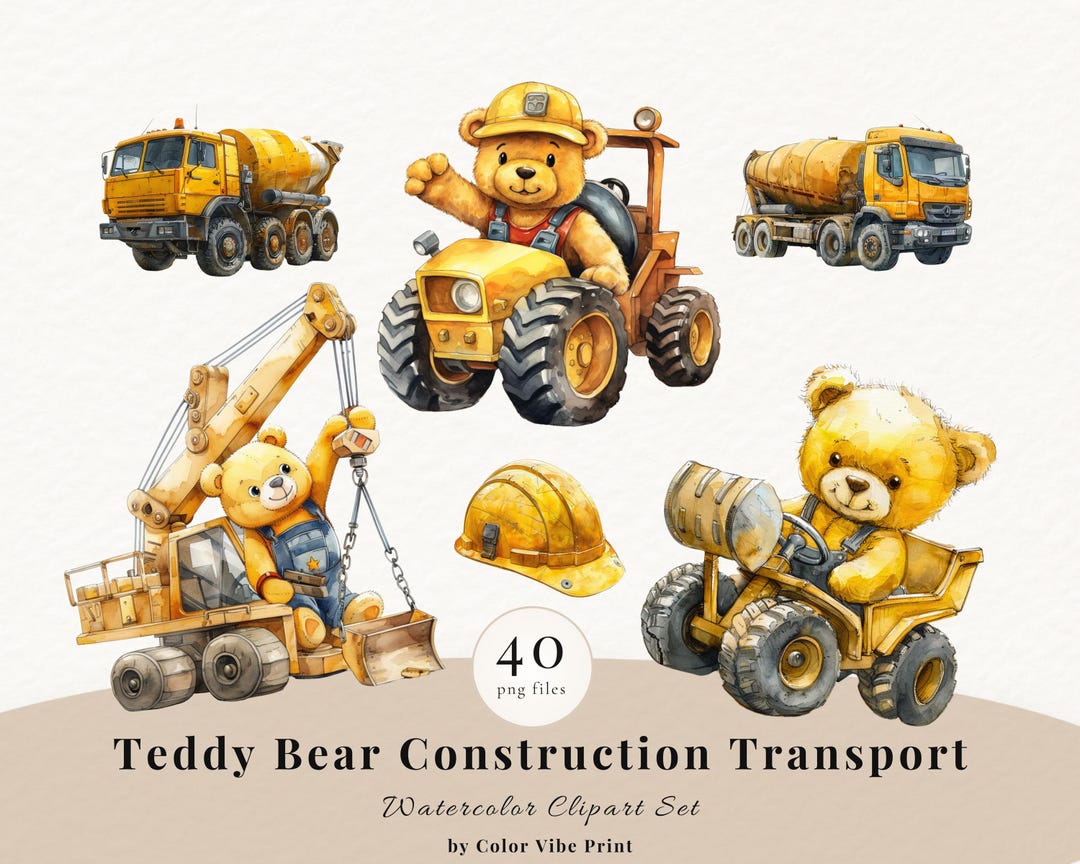 Construction Teddy Bear Clipart Bundle, Watercolor Birthday PNG ...
