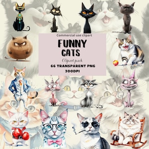 Carino divertente Quirky Cats Clipart PNG Bundle Whimsical Catful Animated Cat Decor Regalo per gli amanti dei gatti, download digitale, uso commerciale