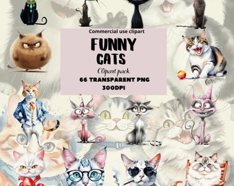 Funny Cats Clipart PNG Bundle, Whimsical Cat Decor (Digital Download)