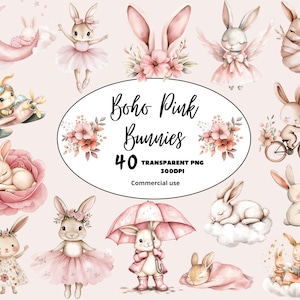 Pink Boho Bunny Clipart, DIGITAL DOWNLOAD, Baby Shower Rabbit Clip Art, Cute Watercolor Bunny Ballerina, Sleeping Bunnies Commercial Use PNG