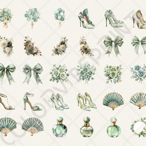 Puede incluir: Ilustraciones en acuarela de varios art&iacute;culos en tonos verdes y blancos. La imagen incluye zapatos de tac&oacute;n alto, ramos, lazos, frascos de perfume y abanicos. Los art&iacute;culos est&aacute;n dispuestos sobre un fondo claro con un patr&oacute;n de diamantes.