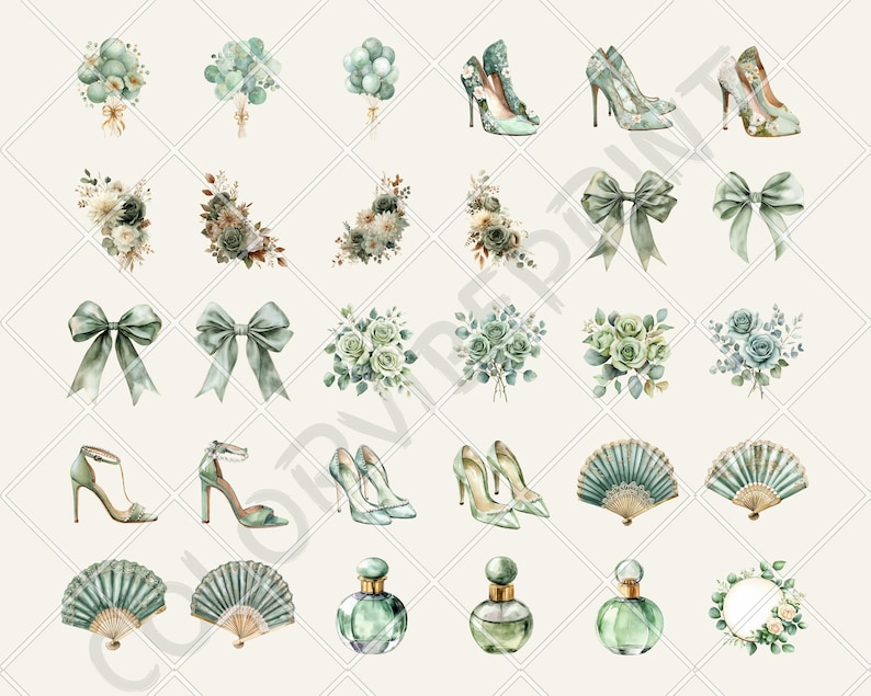 Puede incluir: Ilustraciones en acuarela de varios art&iacute;culos en tonos verdes y blancos. La imagen incluye zapatos de tac&oacute;n alto, ramos, lazos, frascos de perfume y abanicos. Los art&iacute;culos est&aacute;n dispuestos sobre un fondo claro con un patr&oacute;n de diamantes.