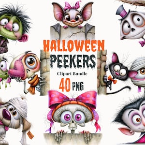 May include: A digital clipart bundle titled HALLOWEEN PEEKERS 40 PNG featuring cartoon characters including a green monster, a bat, a skeleton, a black cat, a mummy, a wrapped dog, and a vampire, all peeking from behind stone wall edges.