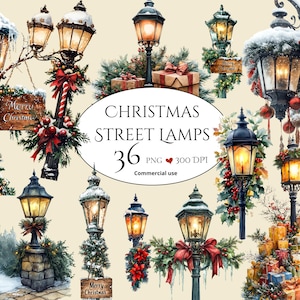 Christmas Victorian Street Lamp Post Clipart Bundle, Vintage Lamp PNG, Street Lantern, Old Street Lamp, Digital download, Commercial use