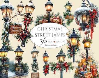 Christmas Victorian Street Lamp Post Clipart Bundle, Vintage Lamp PNG, Street Lantern, Old Street Lamp, Digital download, Commercial use