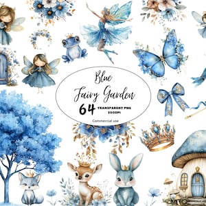 Woodland Blue Fairy Garden Clipart Aquarela Pastel Fadas, Primeiro Aniversário PNG, Floresta Encantada, Chá de Bebê de Menina, DOWNLOAD DIGITAL