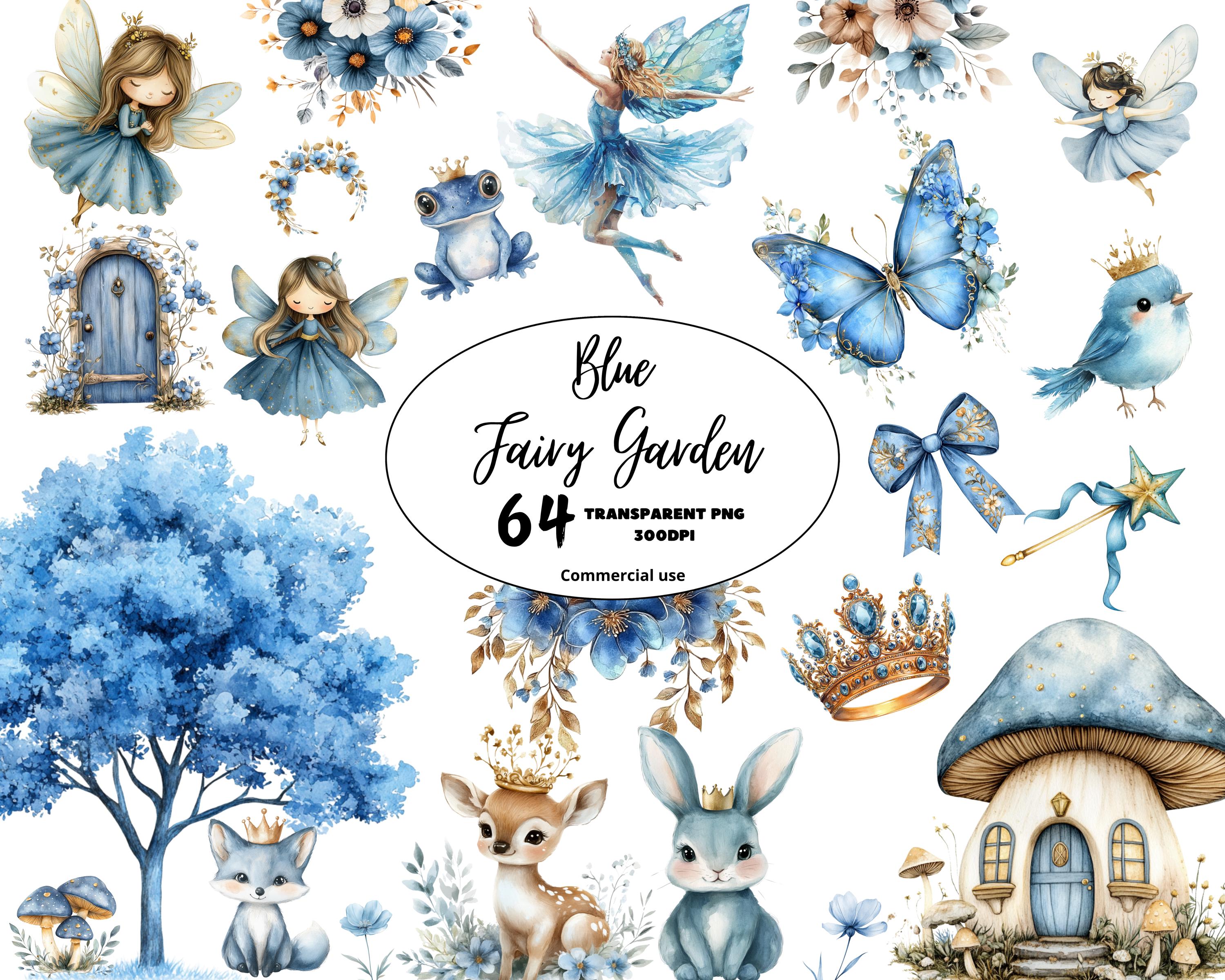 Woodland Blue Fairy Garden Clipart Watercolor Pastel Fairies, First ...
