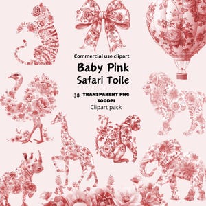Baby pink Safari Toile Clipart, DIGITAL DOWNLOAD, Baby Shower Toile De Jouy Clip Art, Watercolor Chinoiserie Jungle Animals