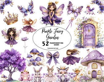 Op de afbeelding: Digitale clipartset met het thema paarse feeëntuin met 52 transparante PNG-afbeeldingen. Bevat feeën, vlinders, paddenstoelen, een deur, een huis, een kikker, een konijn, een vos, een hert en bloemen. De tekst "Purple Fairy Garden" staat in het midden van de afbeelding.