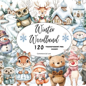Winter Woodland Animals Clipart, Watercolor Christmas, Landscapes, Forest, Cozy Cabin Winter, Fox Bear Bunny Deer, Commercial Use