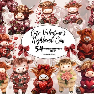 Valentine Day Baby Highland Cow Clipart, Coquette Bow, Watercolor lovely PNG, Quirky Knitted Clipart, Comercial Use, Digital Download