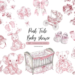 Toile Pink Baby Shower Nursery Clipart, Baby Girl Clipart, Chinoiserie png, French Toil de Jouy, Toile Floral, French Baby Shower