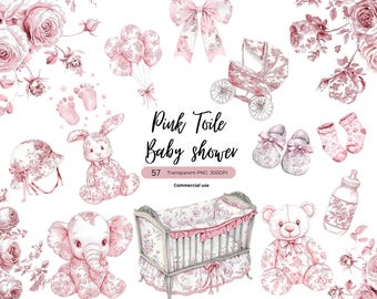 Pink Toile de Jouy Baby Shower Clipart Bundle, Watercolor French Floral Style Chinoiserie PNG
