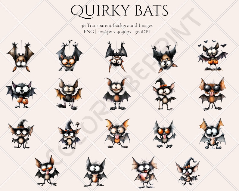 Pu&ograve; includere: Una collezione digitale intitolata QUIRKY BATS che include 38 immagini di pipistrelli in stile cartoon su sfondo trasparente. I pipistrelli sono neri e marroni con grandi occhi, alcuni indossano cappelli o tengono zucche, in formato 4096px per 4096px.