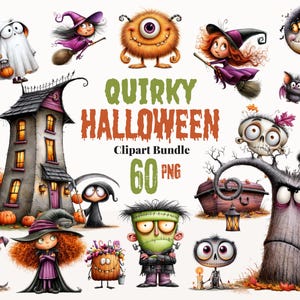 Könnte beinhalten: Eine digitale Sammlung von Halloween-Illustrationen mit einem Spukhaus, Kürbissen, einem Geist, Hexen, einem Monster, einem Skelett, einer Fledermaus, einem Mond und einer Frankenstein-Figur mit dem Text Quirky Halloween Clipart Bundle 60 PNG.