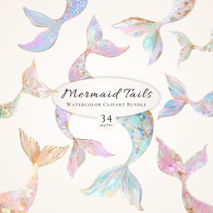 Può includere: Pacchetto di clipart ad acquerello con diverse code di sirena nei toni del rosa, blu e oro. Le code hanno un effetto scintillante e iridescente. Il testo "Mermaid Tails" e "Watercolor Clipart Bundle" è incluso.