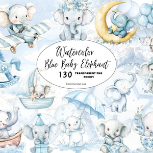 Watercolor Blue Elephant Baby Shower Clipart Bundle, Cute Baby Boy Nursery Decor, Instant Download, Nursery Art, Nursery Elephant