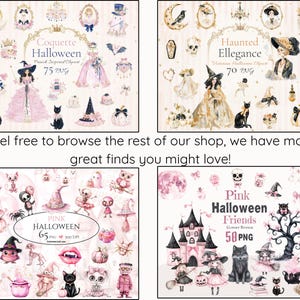 Pu&ograve; includere: Una collezione digitale di quattro set di clipart a tema Halloween con illustrazioni ad acquerello di streghe, fantasmi, zucche, gatti e castelli in tonalit&agrave; rosa e oro. Il testo include Coquette Halloween, Haunted Ellegance, Pink Halloween e Pink Halloween Friends.
