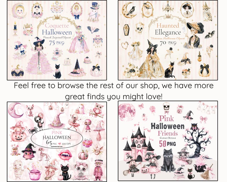 Pu&ograve; includere: Una collezione digitale di quattro set di clipart a tema Halloween con illustrazioni ad acquerello di streghe, fantasmi, zucche, gatti e castelli in tonalit&agrave; rosa e oro. Il testo include Coquette Halloween, Haunted Ellegance, Pink Halloween e Pink Halloween Friends.