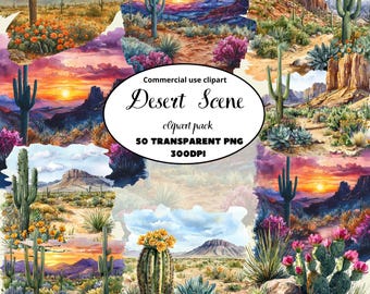 Watercolor Desert Clipart Bundle, Desert PNG, Desert Landscape Clip Art, Desert Scene Illustration, Design, Instant Digital Download