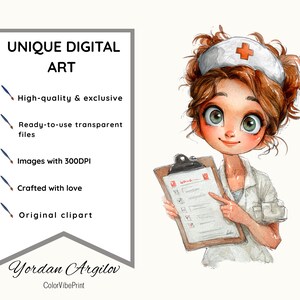 May include: A digital art illustration of a cartoon nurse with big green eyes, wearing a white uniform and cap with a red cross. She holds a clipboard with a checklist. The image includes text: "UNIQUE DIGITAL ART".