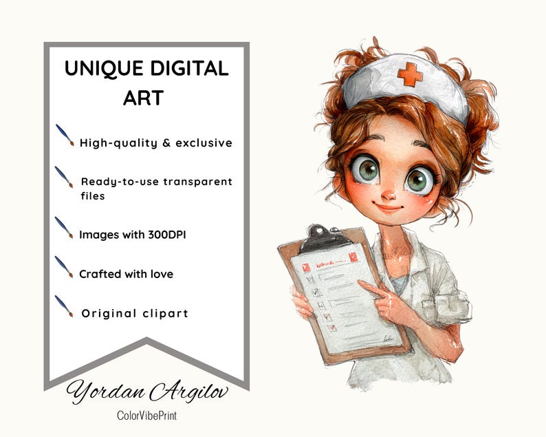 May include: A digital art illustration of a cartoon nurse with big green eyes, wearing a white uniform and cap with a red cross. She holds a clipboard with a checklist. The image includes text: "UNIQUE DIGITAL ART".