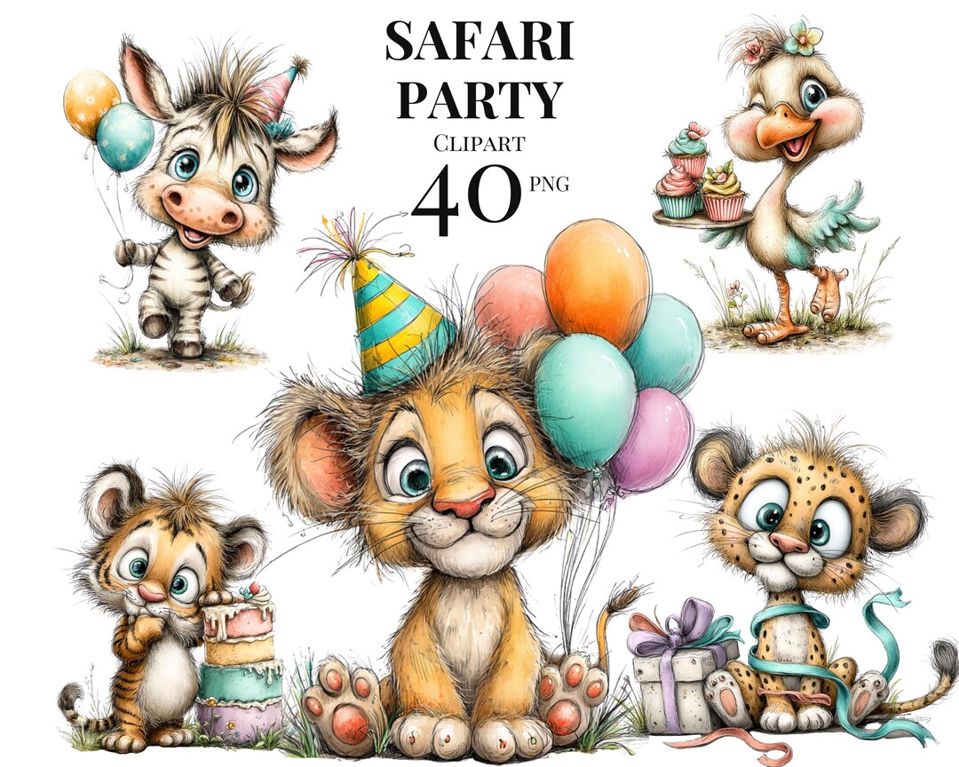 Safari Party Animals Clipart PNG, Cute Jungle Birthday Animals, Safari ...