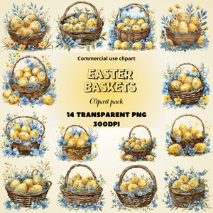 Watercolor Easter Baskets Clipart, Commercial, Transparent PNGs, Easter Bunny Basket, Floral Egg Basket, Easter Eggs
