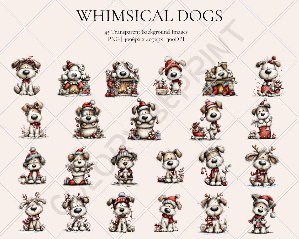 Whimsical Christmas Dogs Clipart Bundle, Quirky Festive Holiday ...