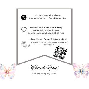 Puede incluir: Gr&aacute;fico blanco con texto y mariposas de acuarela. El texto incluye "&iexcl;Consulta el anuncio de la tienda para descuentos!" y "&iexcl;Obt&eacute;n tu conjunto de im&aacute;genes predise&ntilde;adas gratis!" con un c&oacute;digo QR. La imagen tambi&eacute;n dice "&iexcl;Gracias!"