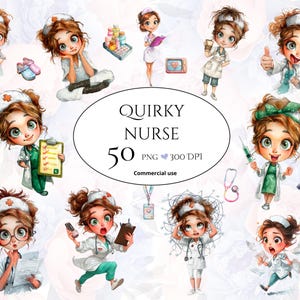 May include: A set of watercolour illustrations of a cartoon nurse in different poses. The nurse has brown hair, a white uniform, and a nurse's cap. The text "Quirky Nurse" is displayed within an oval shape.