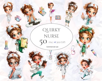 Paquete de imágenes prediseñadas de enfermeras peculiares, PNG divertidos, personajes de dibujos animados, gráficos de agenda chibi, descargas digitales
