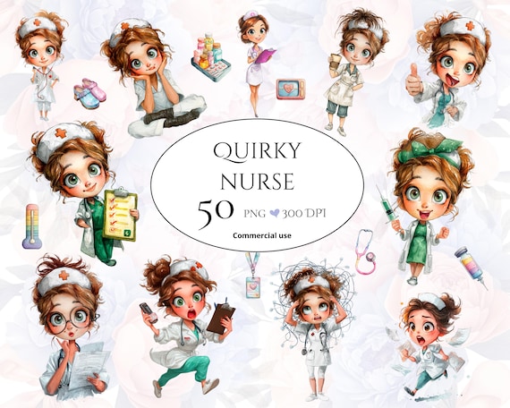 Quirky Nurse Clipart Bundle, Funny PNG, Cartoon Characters, Chibi Planner Graphics, Digital Downloads