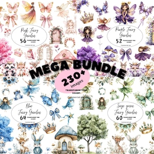Woodland Fairy Garden Clipart Pink Green Watercolor Pastel Fairies, First Birthday PNG, Enchanted Forest, Girl Baby Shower, DIGITAL DOWNLOAD