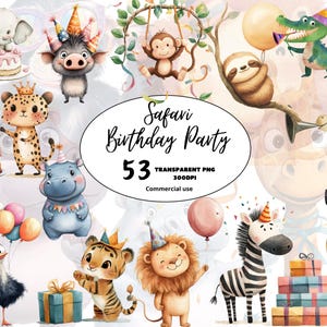 Pacchetto di clipart per feste di compleanno in stile safari, acquerello di leone, giraffa, scimmia, torta di compleanno, PNG trasparenti, download digitali, uso commerciale