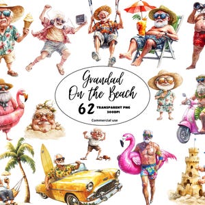 Clipart de grand-père drôle sur la plage, aquarelle, personnes âgées excentriques, humour senior, téléchargements numériques, utilisation commerciale, transparent