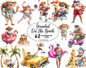 Funny Old Men Grandpa Beach Clipart Bundle, Watercolor Quirky Elderly, Senior Humor Graphic, Digital Downloads, Commercial Use, Transparent
