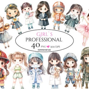 Puede incluir: Ilustraciones en acuarela de 12 niñas vestidas con diferentes profesiones, como doctora, bombero y bailarina. La imagen incluye el texto "GIRL'S PROFESSIONAL" y "40 PNG 300 DPI Commercial use."