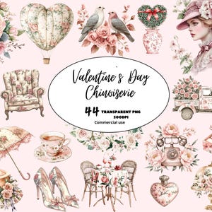 Día de San Valentín Chainoserie Toile de Jouy Clipart, Acuarela Rosa Vintage Floral Valentine Clip Art, Uso Comercial PNG, DESCARGA DIGITAL