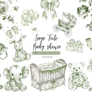 Toile Sage Green Baby Shower Nursery Clipart, Baby Girl Clipart, Chinoiserie png, French Toil de Jouy, Toile Floral, French Baby Shower