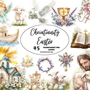 Christianity Easter Religious Watercolor Clipart , Easter Cross Jesus PNG, He is Risen, Rabbit Lamb Eggs, Comercial use, DIGITAL DOWNLOAD