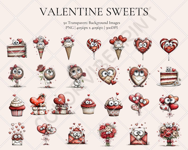 Valentin Sweets Graphics Quirky Valentines Sweets Clipart Bundle, Watercolor Love Graphics ...