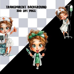 May include: Digital illustrations of a cartoon nurse in various poses. The nurse has brown hair, green eyes, and wears a white uniform with a green bow or cap. One image shows the nurse giving a thumbs up, another holding a syringe, and a third with an IV drip.