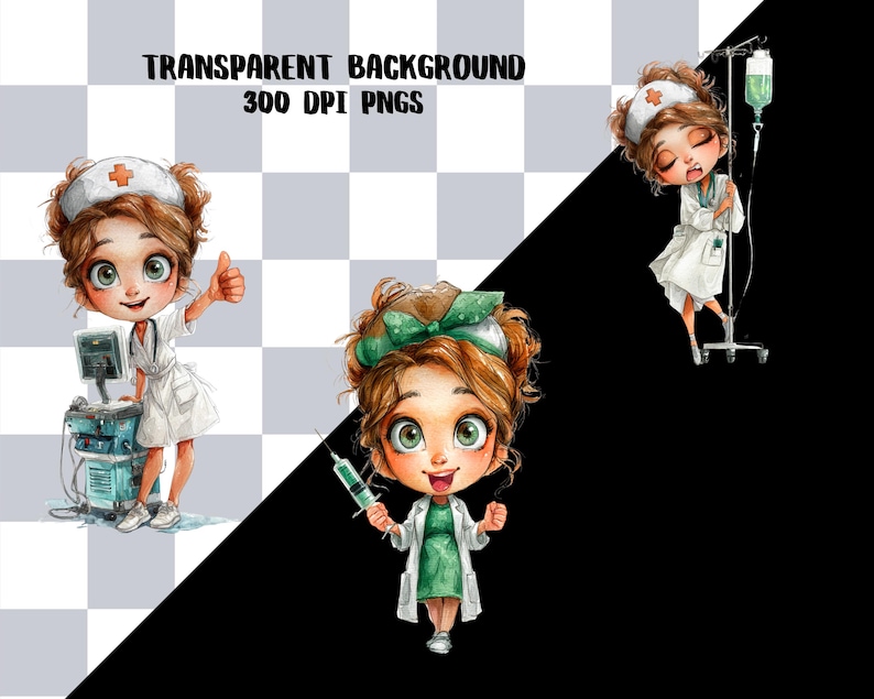 May include: Digital illustrations of a cartoon nurse in various poses. The nurse has brown hair, green eyes, and wears a white uniform with a green bow or cap. One image shows the nurse giving a thumbs up, another holding a syringe, and a third with an IV drip.