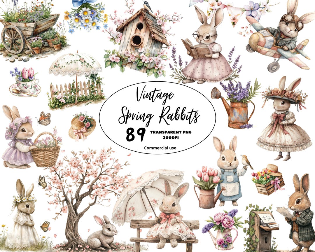 Vintage Spring Rabbit, Quirky Easter Rabbit Clipart, Whimsical Cute ...