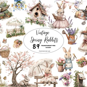 Lapin de printemps vintage, clipart de lapin de Pâques original, bébé lapin mignon et fantaisiste au format PNG, lapins de Pâques décoratifs pour journaux indésirables, art printanier