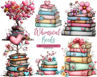 Whimsical Books Clipart Bundle, Spring Book Stack, Watercolor Colorful PNG, Valentine's Day Graphics Digital Download, Commercial Use