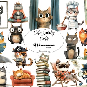 Cute Funny Quirky Cats Clipart PNG Bundle Whimsical Catful Animated Cat Decor Cat lover gift, Digital Download, Commercial Use