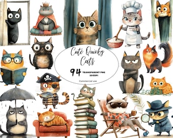 Cute Funny Quirky Cats Clipart PNG Bundle Whimsical Catful Animated Cat Decor Cat lover gift, Digital Download, Commercial Use